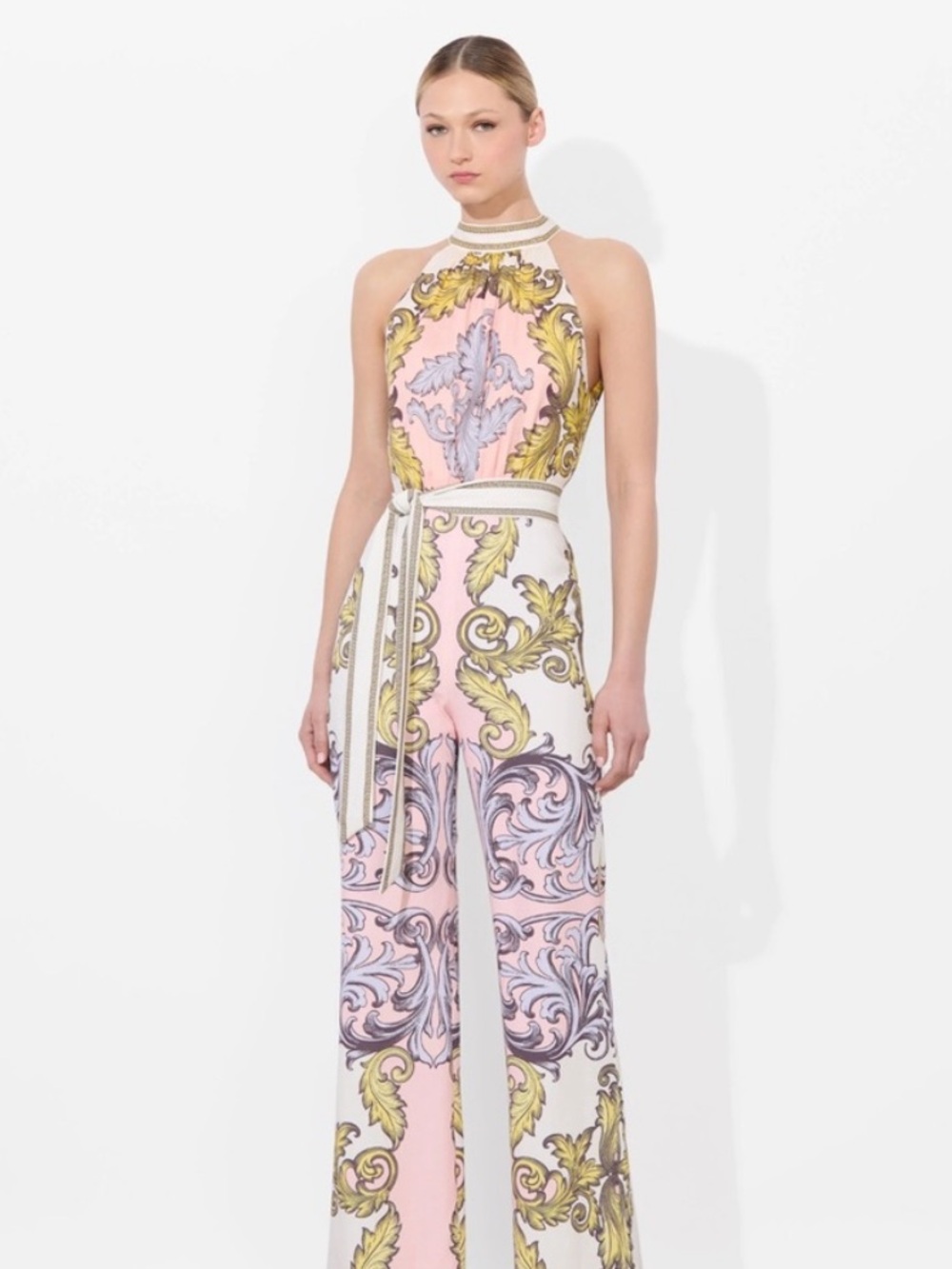 Alice + Olivia Pink, White & Gold Baroque Halter Jumpsuit